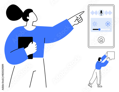 Voice control. Voice control in smart home settings with touchscreen for climate adjustment and automation. Voice control enhancing convenience and modern technology. For innovation, automation, home