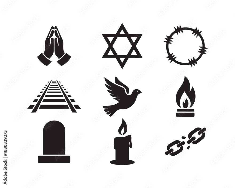 Fototapeta premium Collection of black memorial and religious icons on white background praying hands