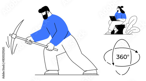 Digital work concept. Digital work elements include mining for data, remote work using laptops and online tools, and the 360-degree visualization approach enhancing user experience. Best for tech