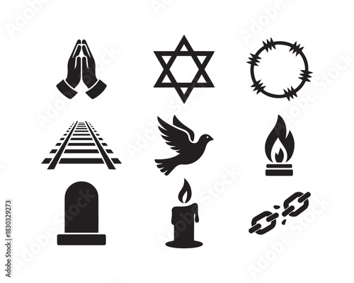 Collection of black memorial and religious icons on white background praying hands
