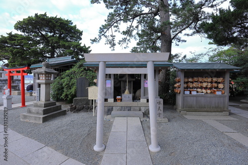 Morito Daimyojin Shrine Coastal shrine famed for sunset views of Mount Fuji and a torii gate built on a rocky outcrop at sea in Hayama, Kanagawa, Japan