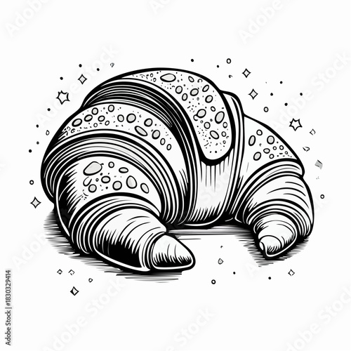 A freshly baked croissant, a classic viennoiserie pastry, showcased in a detailed black and white illustration, perfect for culinary or baking themes