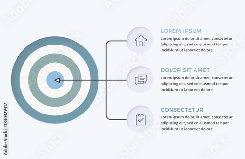 Business target infographic template with concentric circles bullseye and three connected elements for your icons and text