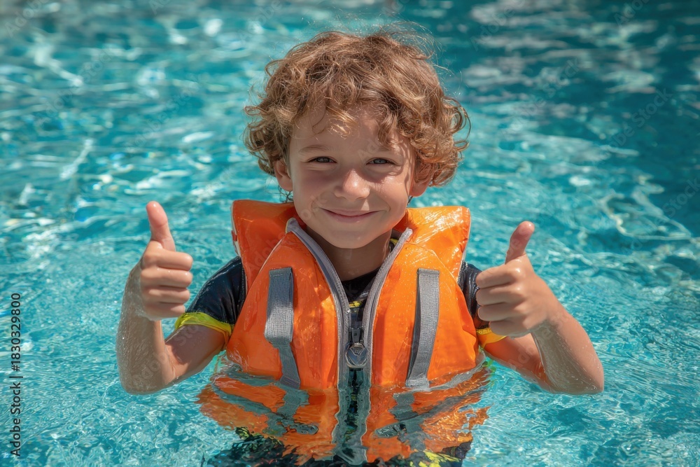 Naklejka premium Cheerful boy with curly hair enjoys swimming in the pool during summer, wearing an orange life vest and showing enthusiasm with thumbs up gesture