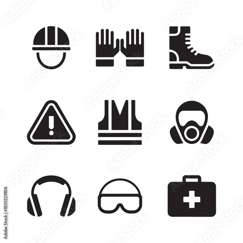 Set of safety equipment icons including helmet gloves boots vest mask hard hat