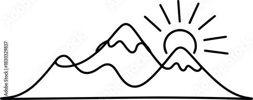Black and white line drawing of mountains and sun sunrise sunset