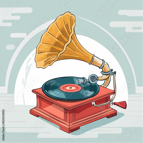 Vintage Gramophone Playing Vinyl Record Illustration