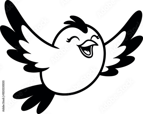 Cartoon bird with wings spread flying happily happy