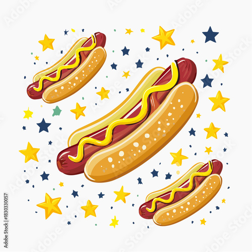 Vibrant illustration of three classic hot dogs, generously topped with mustard and ketchup, playfully floating amidst a festive scattering of colorful stars, ideal for summer celebrations