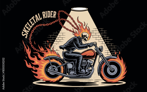 Fiery skeleton biker riding a motorcycle with flames and chains vector