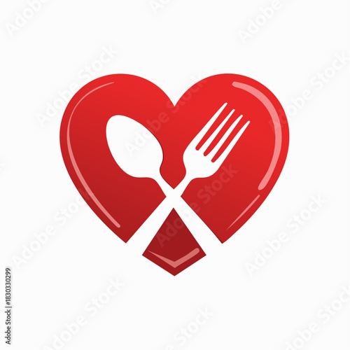 Love for food symbol with crossed spoon and fork inside a heart outline, perfect for culinary brands and dining experiences