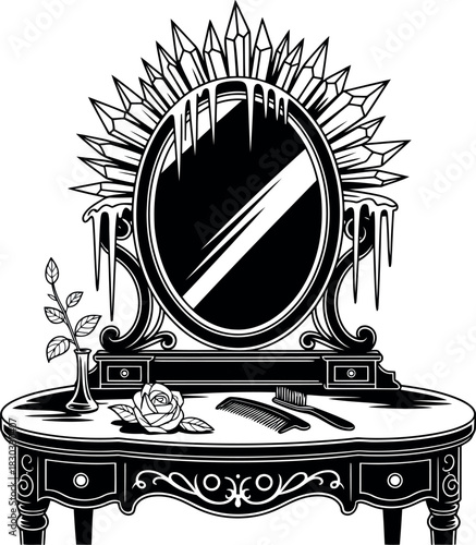 Ornate vanity table with oval mirror adorned with crystals and icicles dressing table