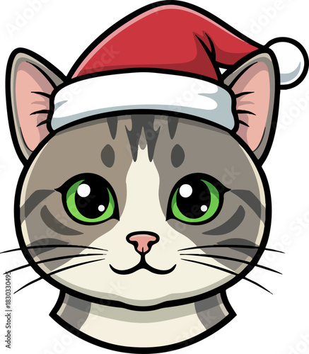 Cute cartoon cat wearing a Santa hat for Christmas sticker design