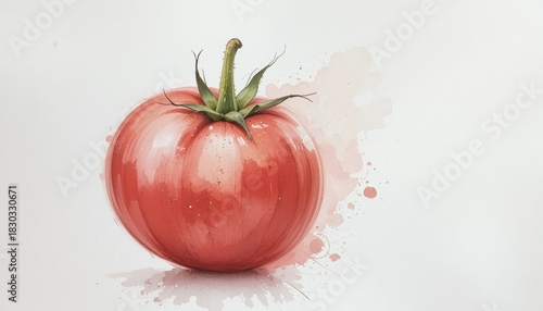 Vibrant red watercolor tomato with green stem and calyx Artistic illustration on a clean white background