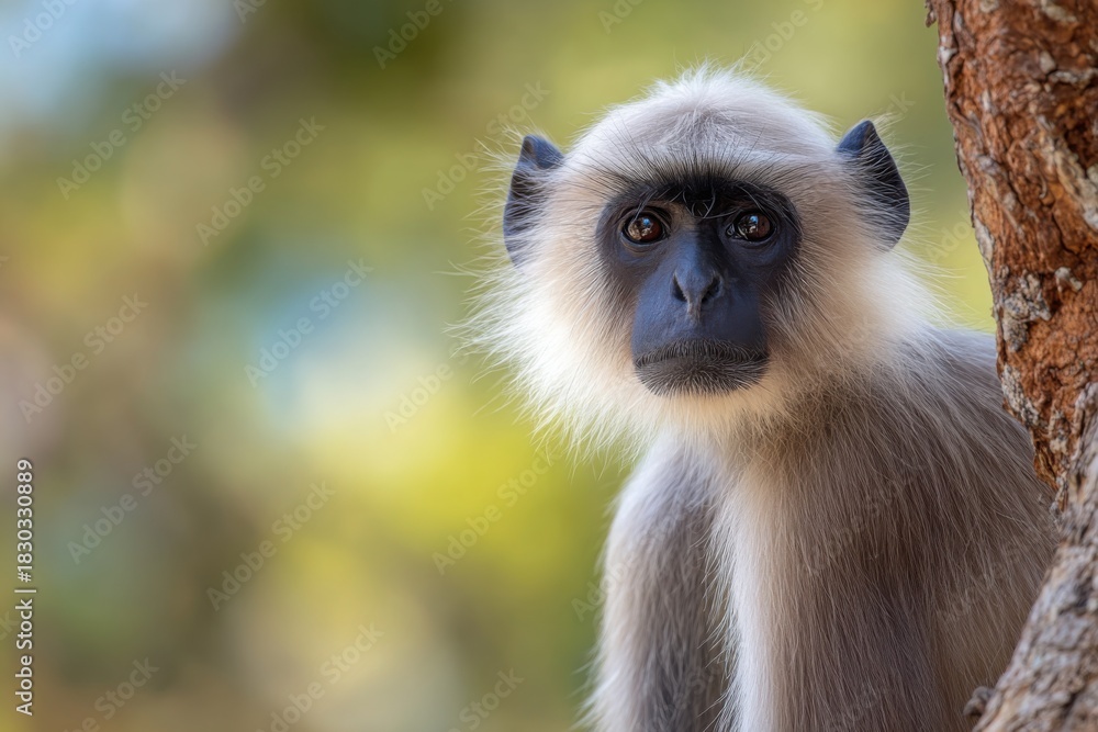 Obraz premium Gray langur quietly observing its surroundings in a lush green habitat during the early morning hours in a forest