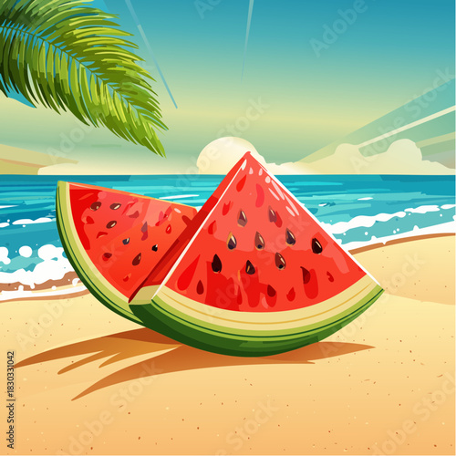 Two fresh watermelon slices on a sandy tropical beach, a vibrant vector graphic for summer holidays and travel