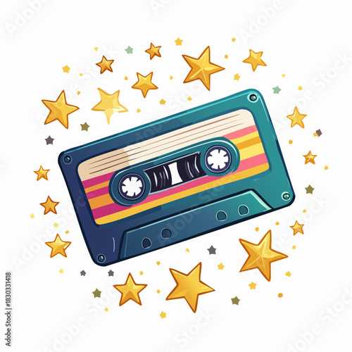 Vibrant Retro Cassette Tape Illustration with Sparkling Stars - Nostalgic Music Element for Design Projects and Fun Throwback Themes in a Vector Style
