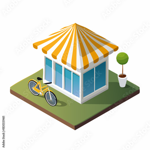 Isometric Shop with Striped Awning, Bicycle and Topiary