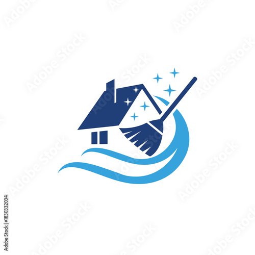 A modern house cleaning logo featuring a sparkling home, broom, and flowing wave design. Ideal for cleaning services, maid agencies, and janitorial businesses seeking a fresh, professional brand ident