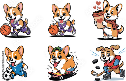 Cartoon corgi dogs playing sports and drinking coffee