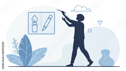 Inspiring designer crafting vision with artistic tools, shaping creative ideas and innovative concepts beautifully