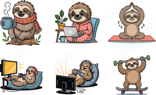 Cute sloth cartoon character set in various activities