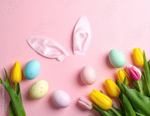 Easter Eggs, tulips, bunny ears, pink backdrop