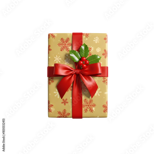 Festive Christmas Gift Box with Gold Snowflake Wrapping, Red Ribbon, and Holly Berries Decoration