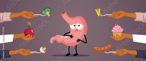 Unhappy Stomach Being Overfed Vector Cartoon Illustration. Family giving to much food on holidays making the stomach upset with indigestion

