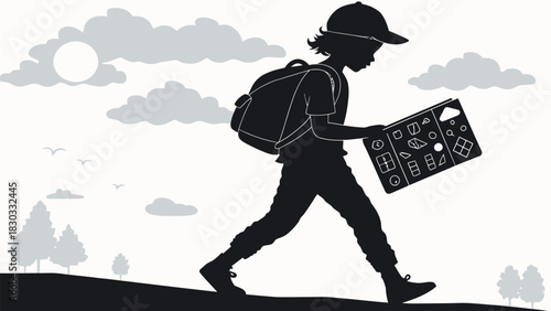 Adventurous young explorer hiking with backpack, reading a map in nature, ready for outdoor challenge