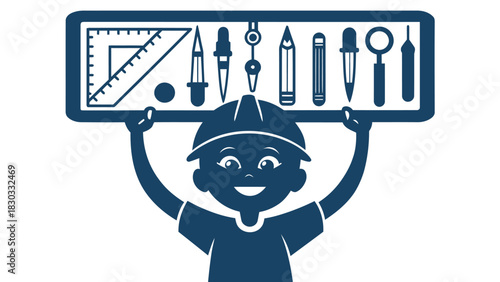 Happy engineer holding drafting tools, representing precision, construction, and design professions icons
