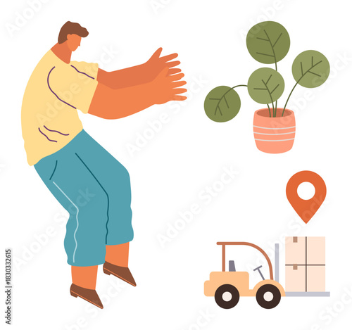 Person gesturing near forklift, refrigerator, plant, and location pin. Ideal for logistics, furniture moving, delivery, transportation, relocation warehouse operation simple flat metaphor