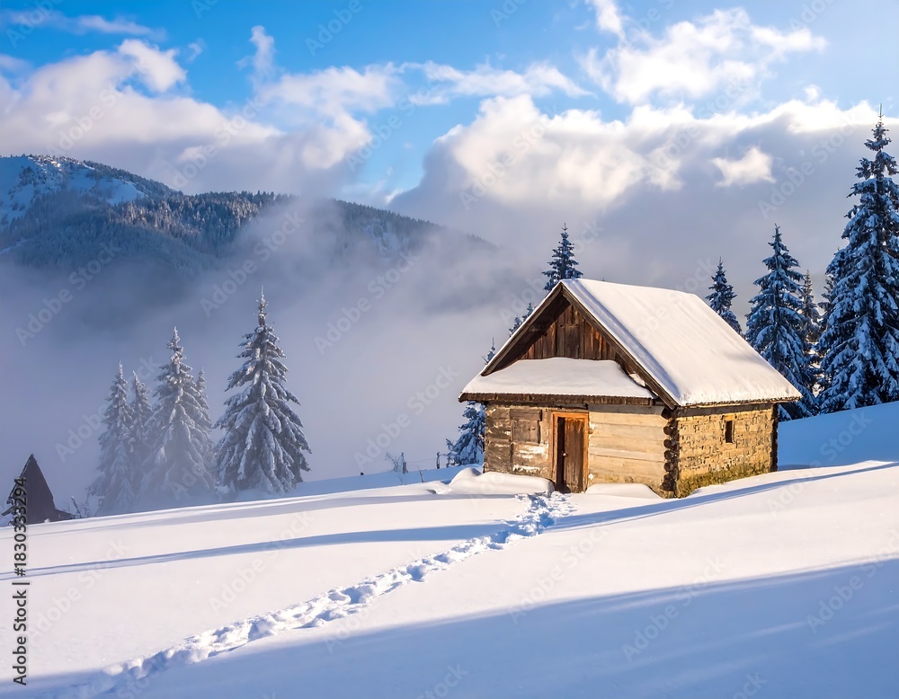 Naklejka premium Snowy scene of a quaint wooden cabin in a mountain landscape