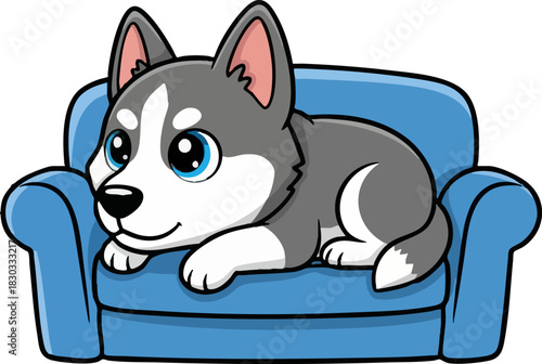 Cute cartoon husky puppy relaxing on a blue sofa vector design
