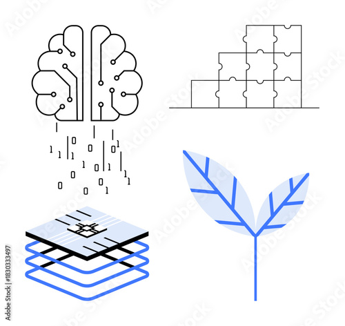 Artificial intelligence. Visuals depict artificial intelligence technology, data processing, sustainability, and problem solving concepts. Artificial intelligence applications in technology, ecology