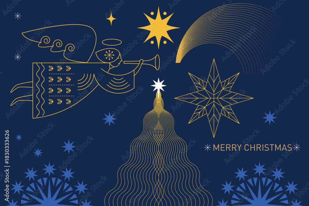 Obraz premium Christmas card. Christmas Angel with Horn . Christmas Angel Blowing Trumpet . Greeting card. Horizontal Merry Christmas card, banner and poster design.