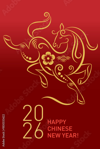 Chinese Happy New Year 2026. Year of the Horse. Elegant horse illustration made from decorative linear ornaments