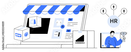 Online store interface with delivery packages, HR network diagram, and award recognition. Ideal for business, e-commerce, HR, logistics, recruitment, digital marketing entrepreneurship