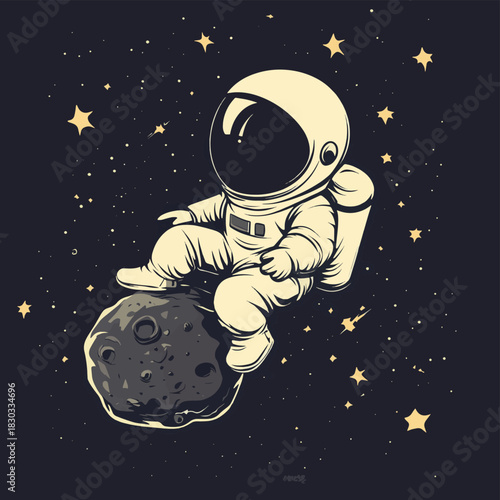 astronaut and mini asteroid , vector style simple color