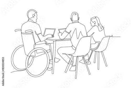 People with disabilities in business concept one-line drawing