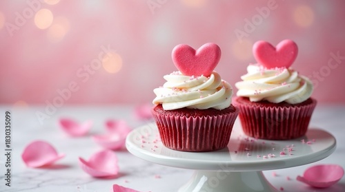 Two red cupcakes with white frosting and pink heart toppers on a white stand surrounded by rose petals against a bokeh background, ideal for Valentine's Day or romantic celebrations