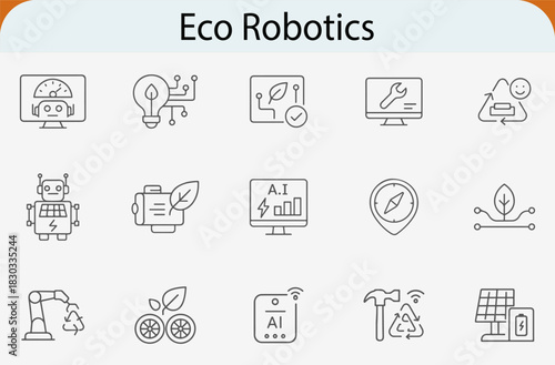 eco robotics icon set, sustainable ai technology line vector design