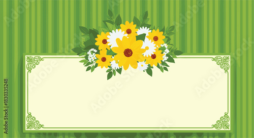 A light yellow frame with decorative corners holds a bouquet of yellow and white flowers on a green striped background.