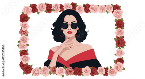 Elegant woman with sunglasses and red off-the-shoulder dress framed by roses.