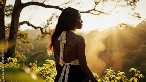 Back view of a beautiful woman in a crochet top looking away into the golden sunset light in a lush natural setting