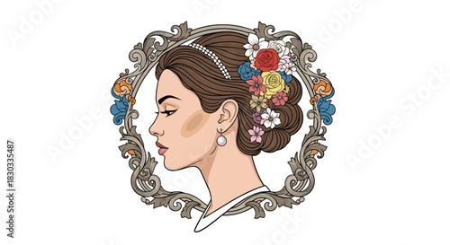 Profile of a woman with elaborate floral hairstyle within an ornate baroque frame.