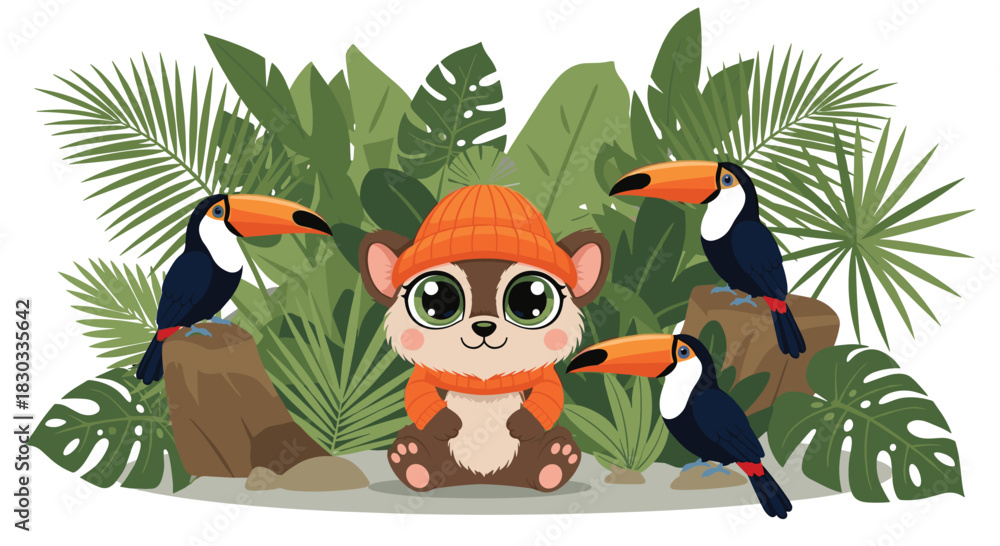 Fototapeta premium Cute cartoon squirrel wearing a hat and scarf surrounded by toucans in a jungle setting.