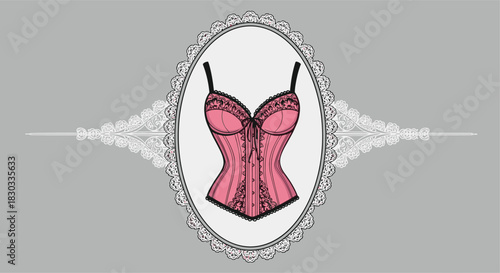 Pink corset with lace trim and decorative oval frame on a gray background.