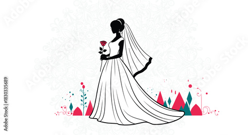 Silhouette of a bride in a wedding dress holding a rose, with decorative elements.