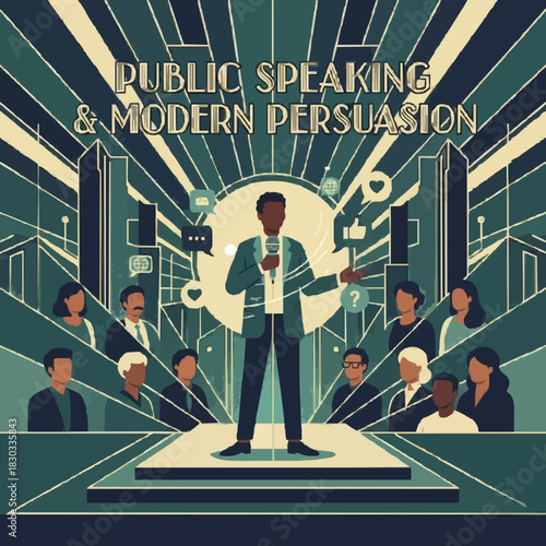 Public Speaking and Modern Persuasion Concept. Art Deco Style Illustration of Speaker Engaging Diverse Audience with Social Media and Communication Icons.